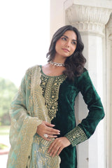 Premium Velvet Top Pant Dupatta Set with Embroidery