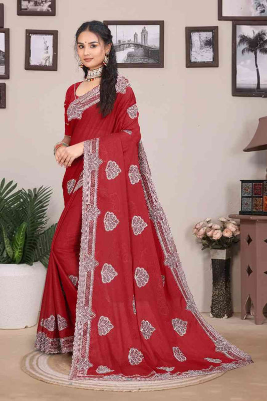 Shree Design Women’s Embroidered Georgette Saree with Real Mirror Work