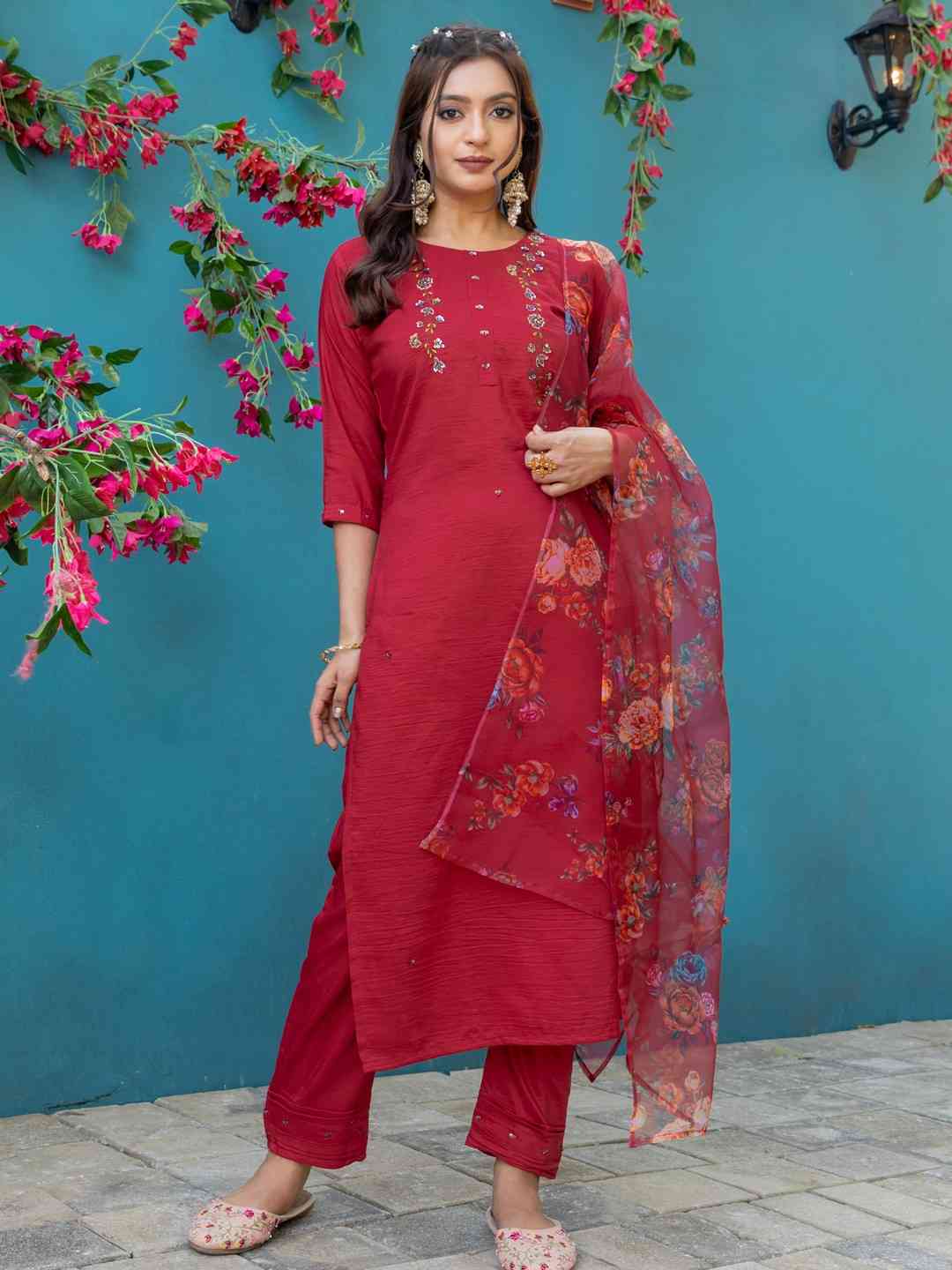Fully Stiched Hand Worked Silk Kurti Pant Dupatta