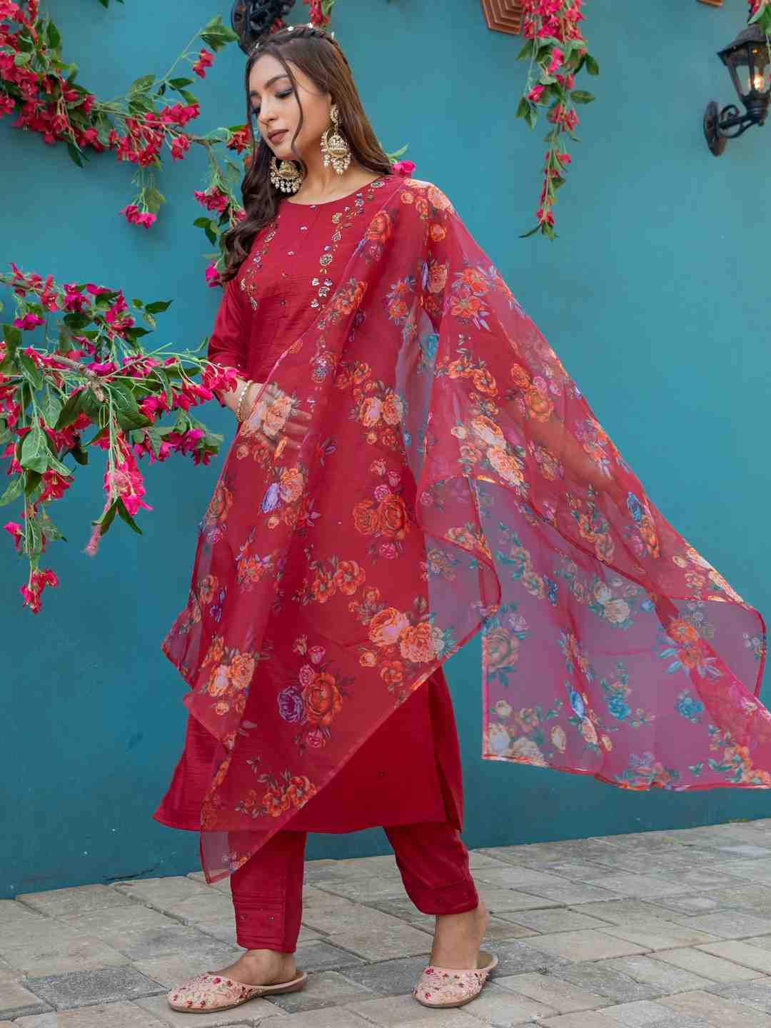 Fully Stiched Hand Worked Silk Kurti Pant Dupatta