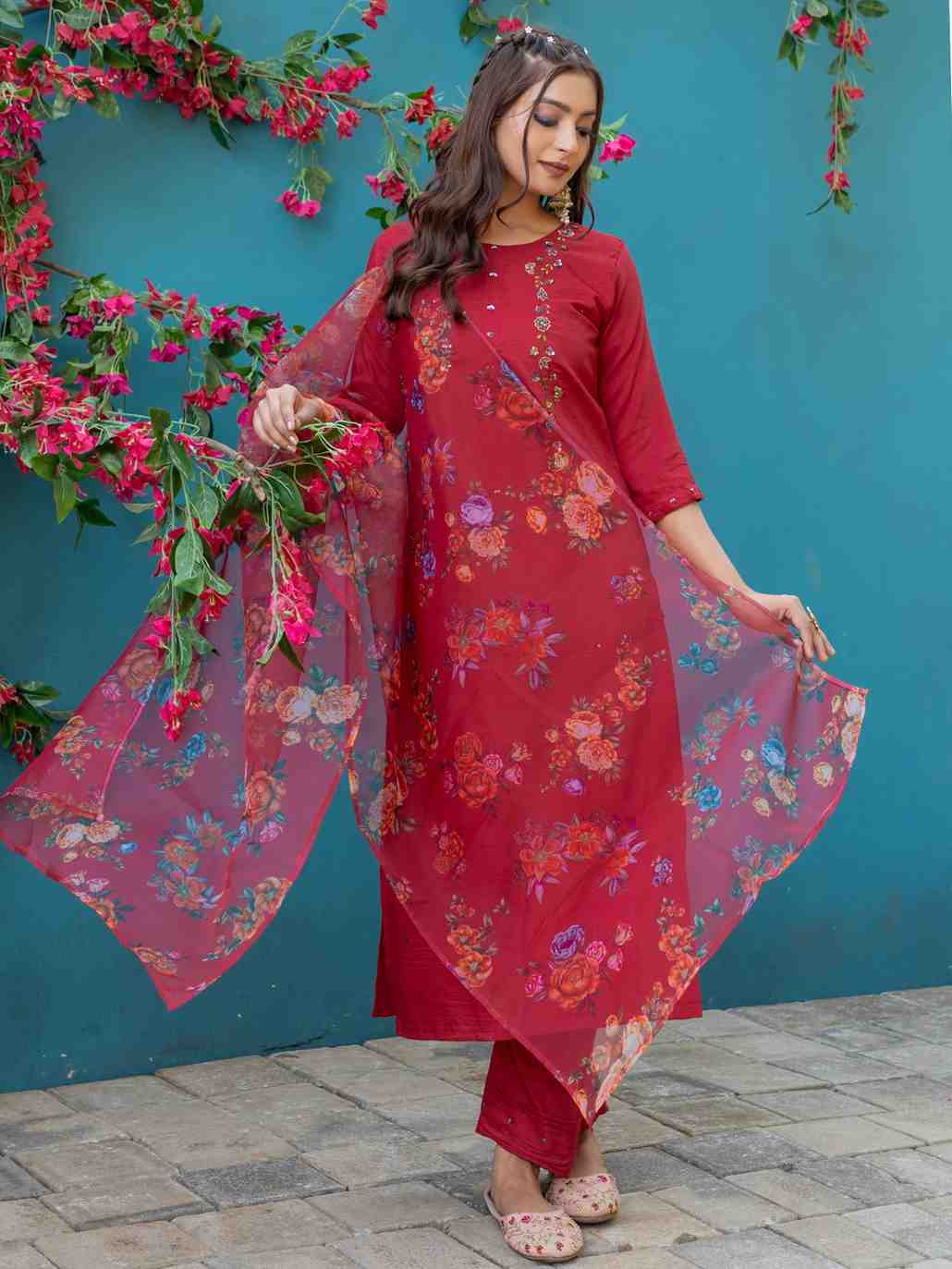 Fully Stiched Hand Worked Silk Kurti Pant Dupatta