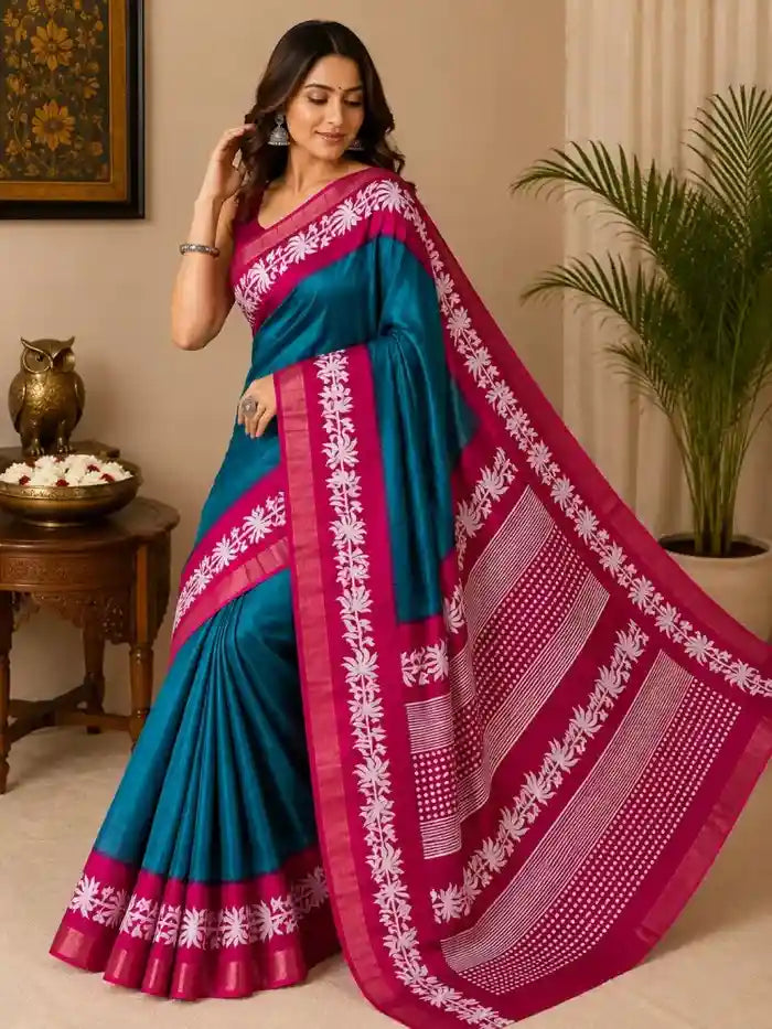 Silk Blend Teal Blue Saree with Contrast Pink Floral Border