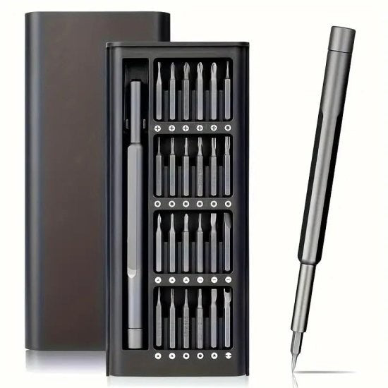 Set of screwdrivers in a black case with a pen-like tool on a white background