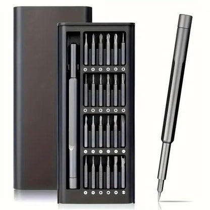 Set of screwdrivers in a black case with a pen-like tool on a white background