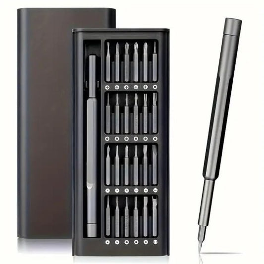 Set of screwdrivers in a black case with a pen-like tool on a white background