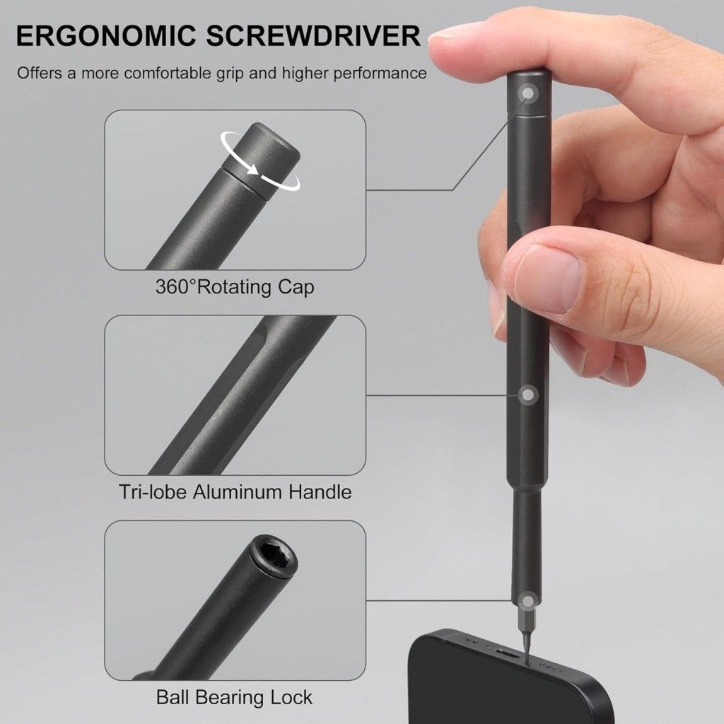 Ergonomic screwdriver with features highlighted on a gray background