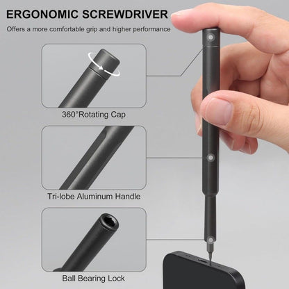 Ergonomic screwdriver with features highlighted on a gray background