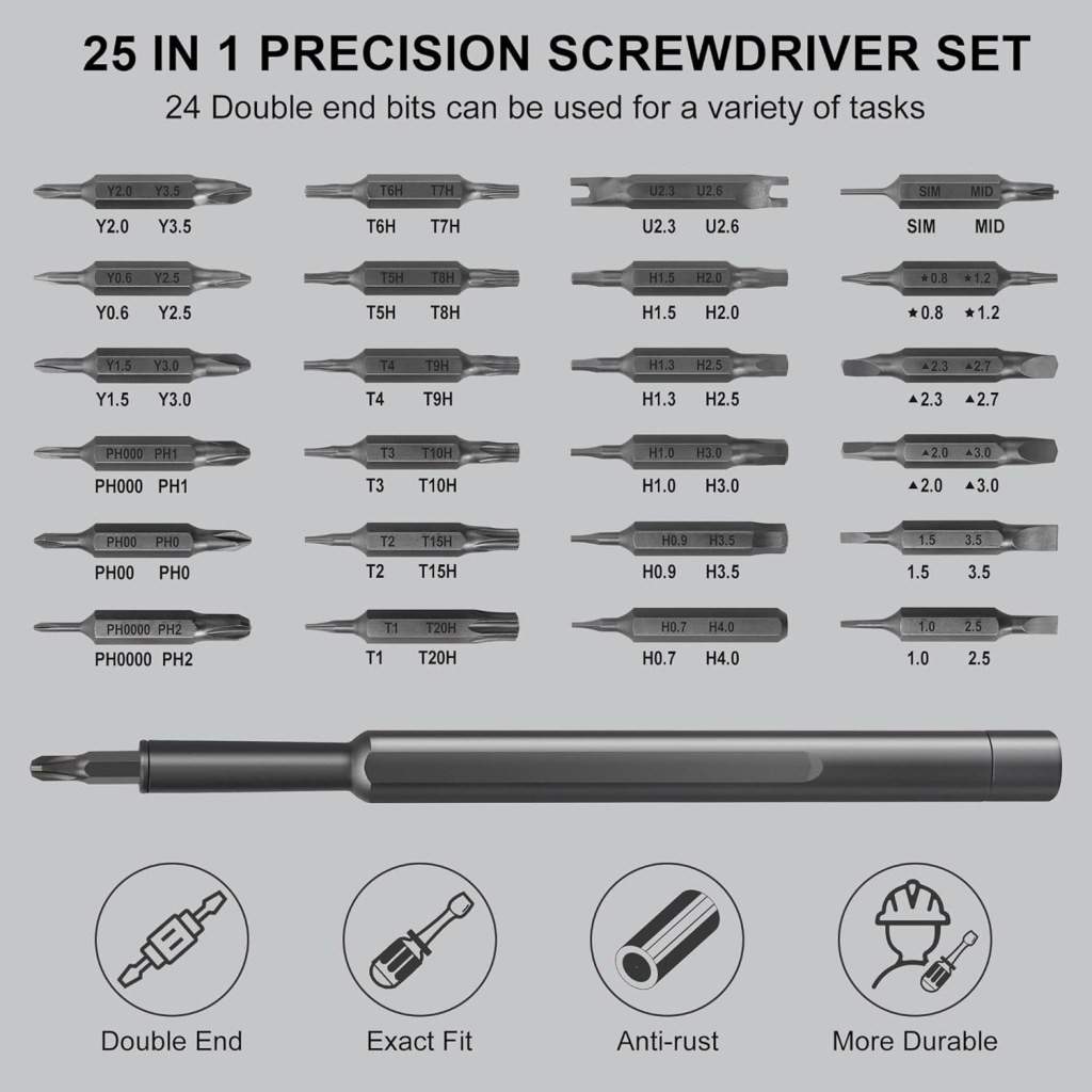 25-in-1 precision screwdriver set with various bits on a gray background