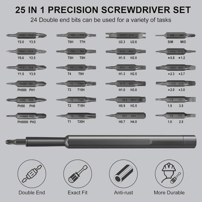 25-in-1 precision screwdriver set with various bits on a gray background