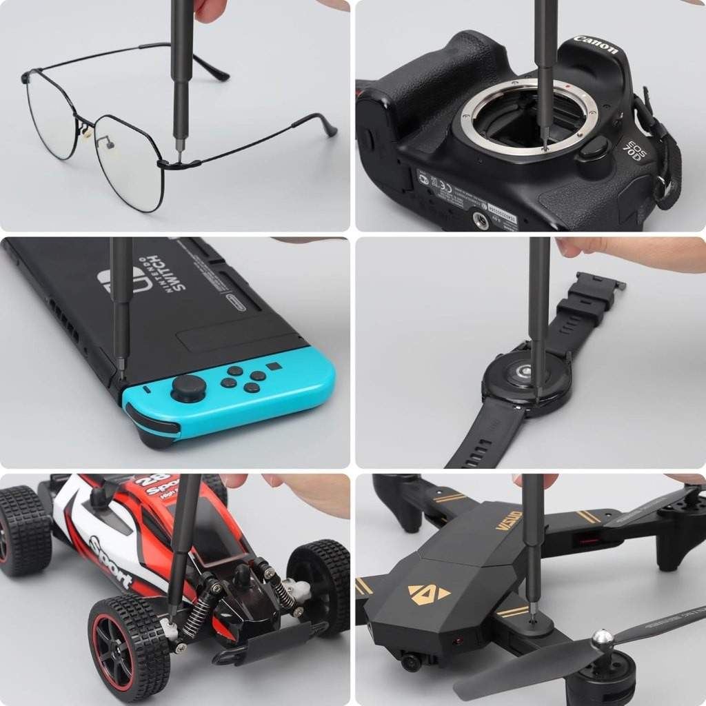Collage of a screwdriver being used on various objects including glasses, camera lens, gaming console, watch, car model, and drone.