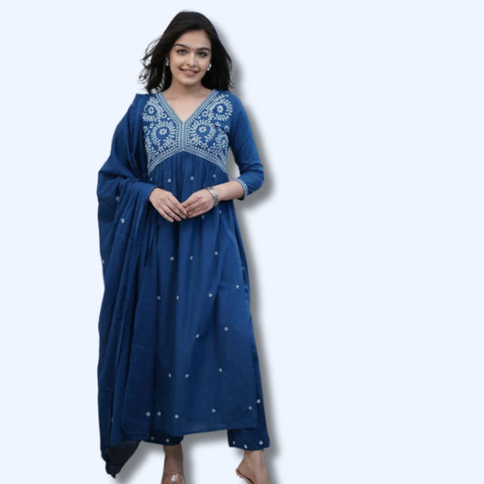 Pure Cotton Floral Print Hand Work & Embroidered Kurti Pant and Dupatta Set