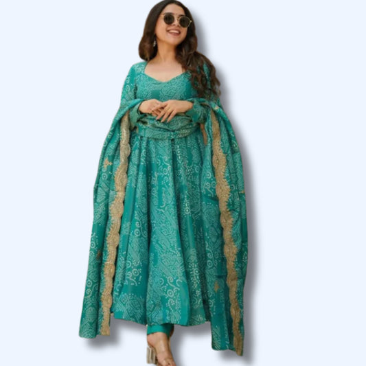Pure Cotton Anarkali Bandhani Print Kurti Pant and Dupatta