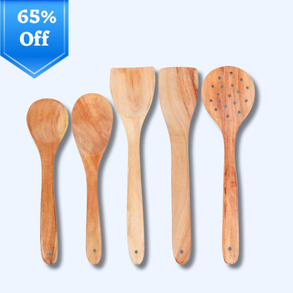 RITVA Wooden Spoon Set for Cooking Includes Frying Serving Spatula Chapati Dessert Rice Spoons Wooden for Nonstick Cookware Kitchen Utensils and Cooking Spoon Set of 5 (Brown)
