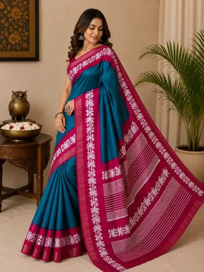 Teal Blue Floral Border Saree for Women with Pink Designer Pallu