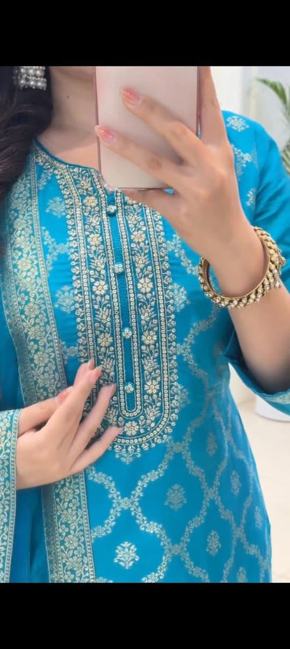 Banarasi Silk Suit Set with Kurti, Pant & Dupatta – Showroom Piece