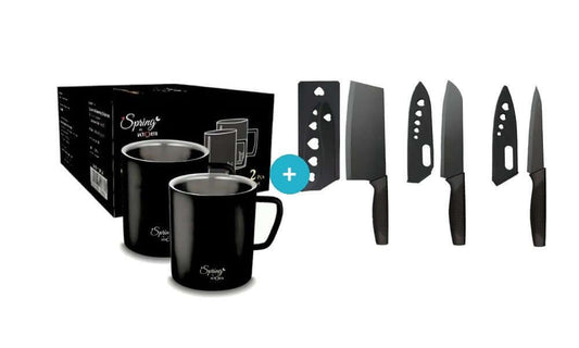 3 piece knife set with steel double wall mugs combo kitchen and tea coffee set