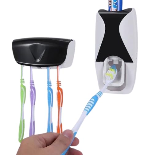 Wall Mounted Toothbrush Holder with Cover Toothpaste Dispenser Set with Self Adhesive for Washroom