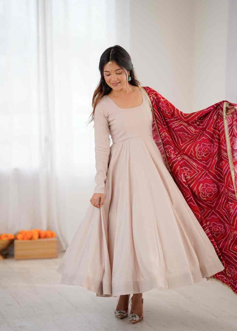Party wear Roman Cotton Anarkali gown with dupatta