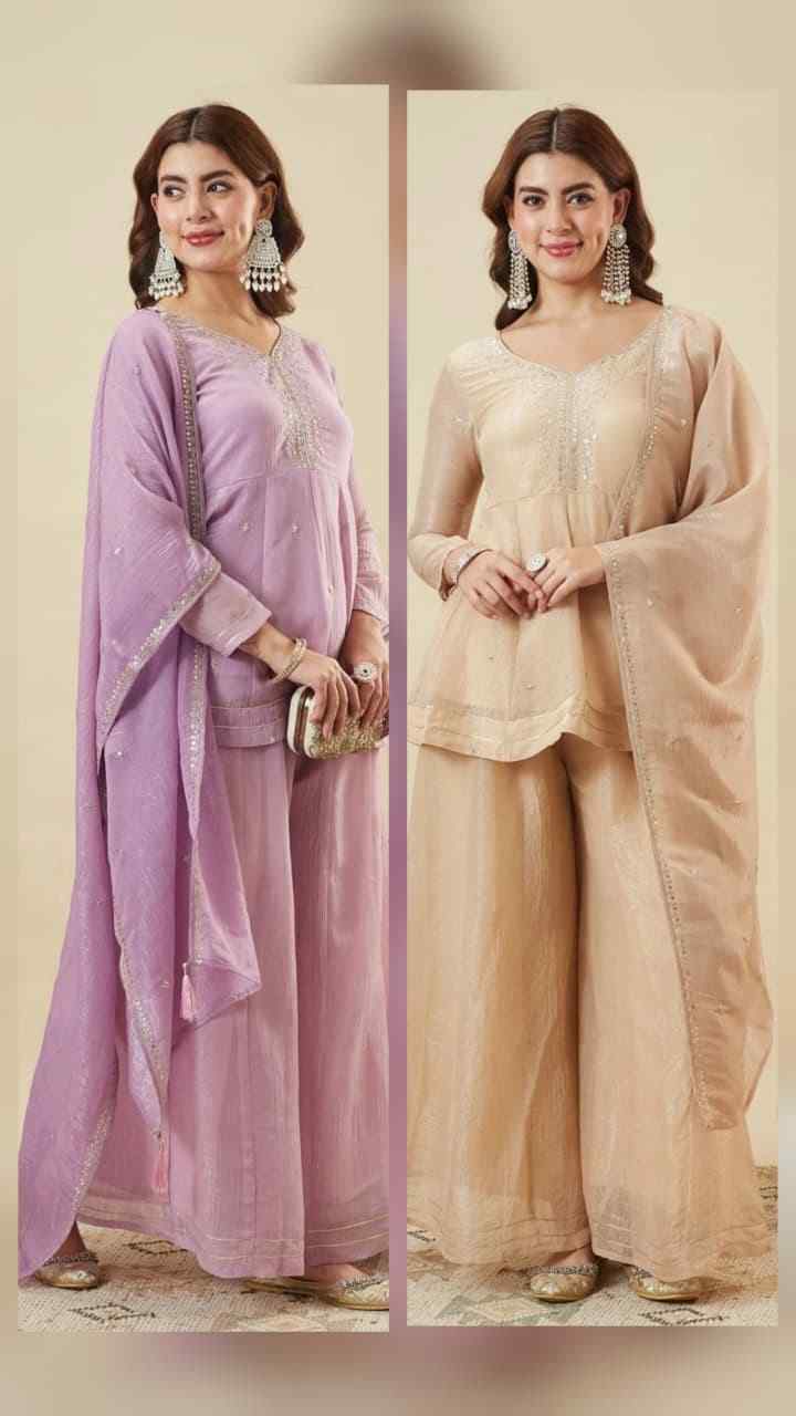 Gota patti embroidered crunchy silk sharara set with dupatta