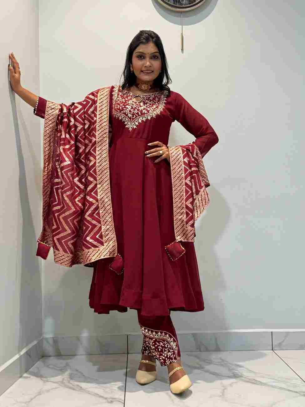 Fancy embroidery Anarkali gown pant set with Jacquard dupatta