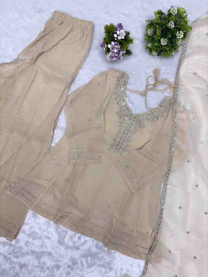 Traditional Indian sharara outfit with sequins embroidery and dupatta