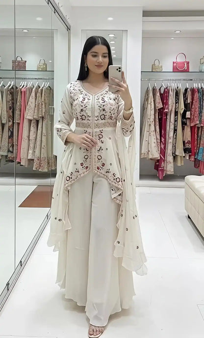 Designer Rangoli Silk Sequence Embroidered Top Plazzo Set with Dupatta