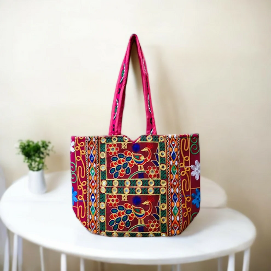 NAKASA Women's Rajasthani Handmade Peacock Embroidery Regular Red Tote Bag