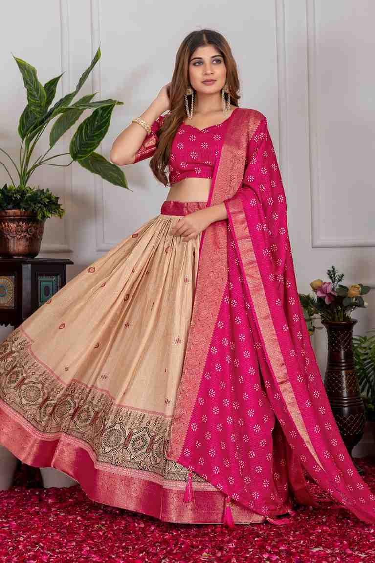 Tussar silk lehenga choli jacquard border foil work festive wear