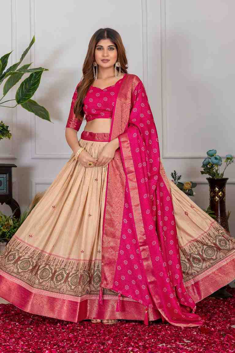 Tussar silk lehenga choli jacquard border foil work festive wear