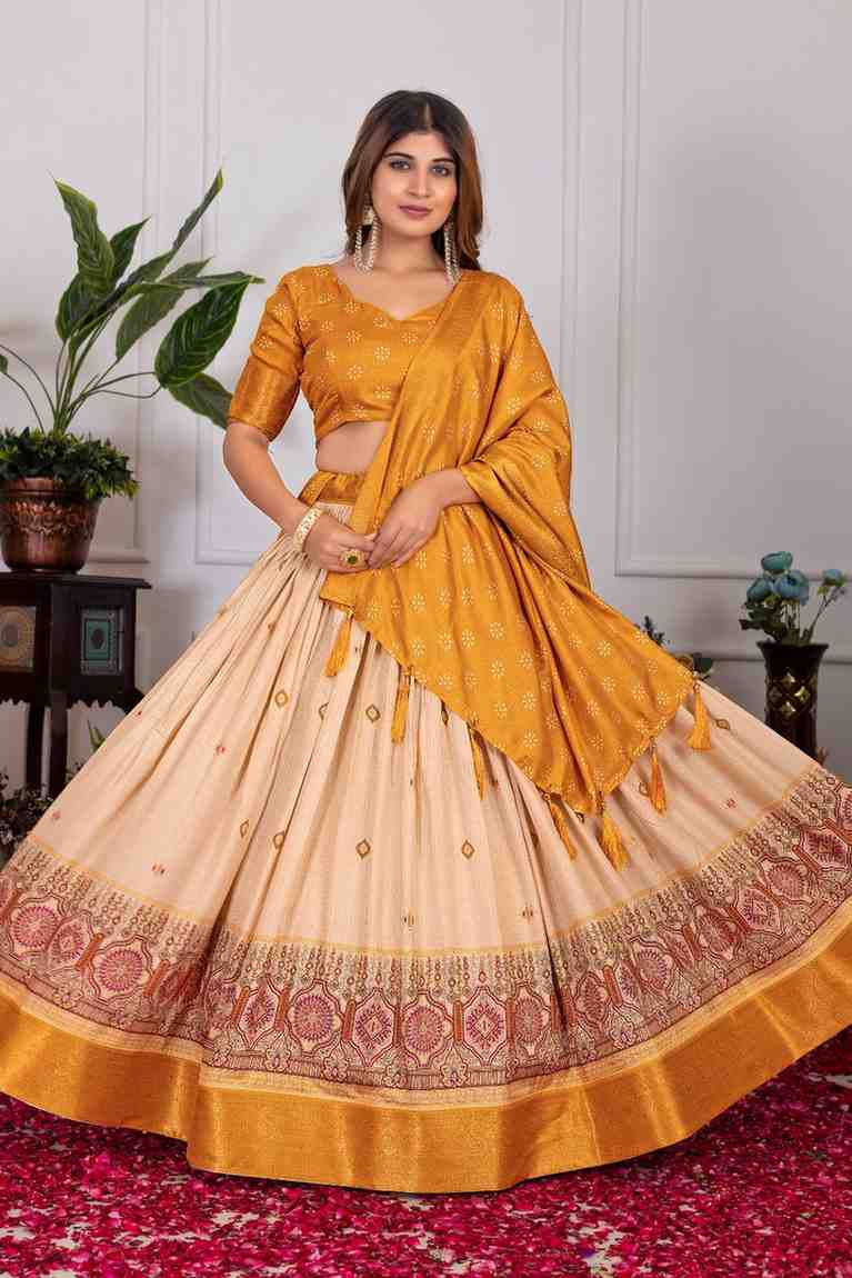 Tussar silk lehenga choli jacquard border foil work festive wear