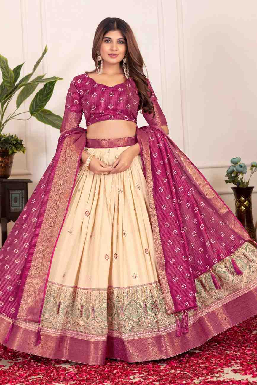 Tussar silk lehenga choli with jacquard border and foil work