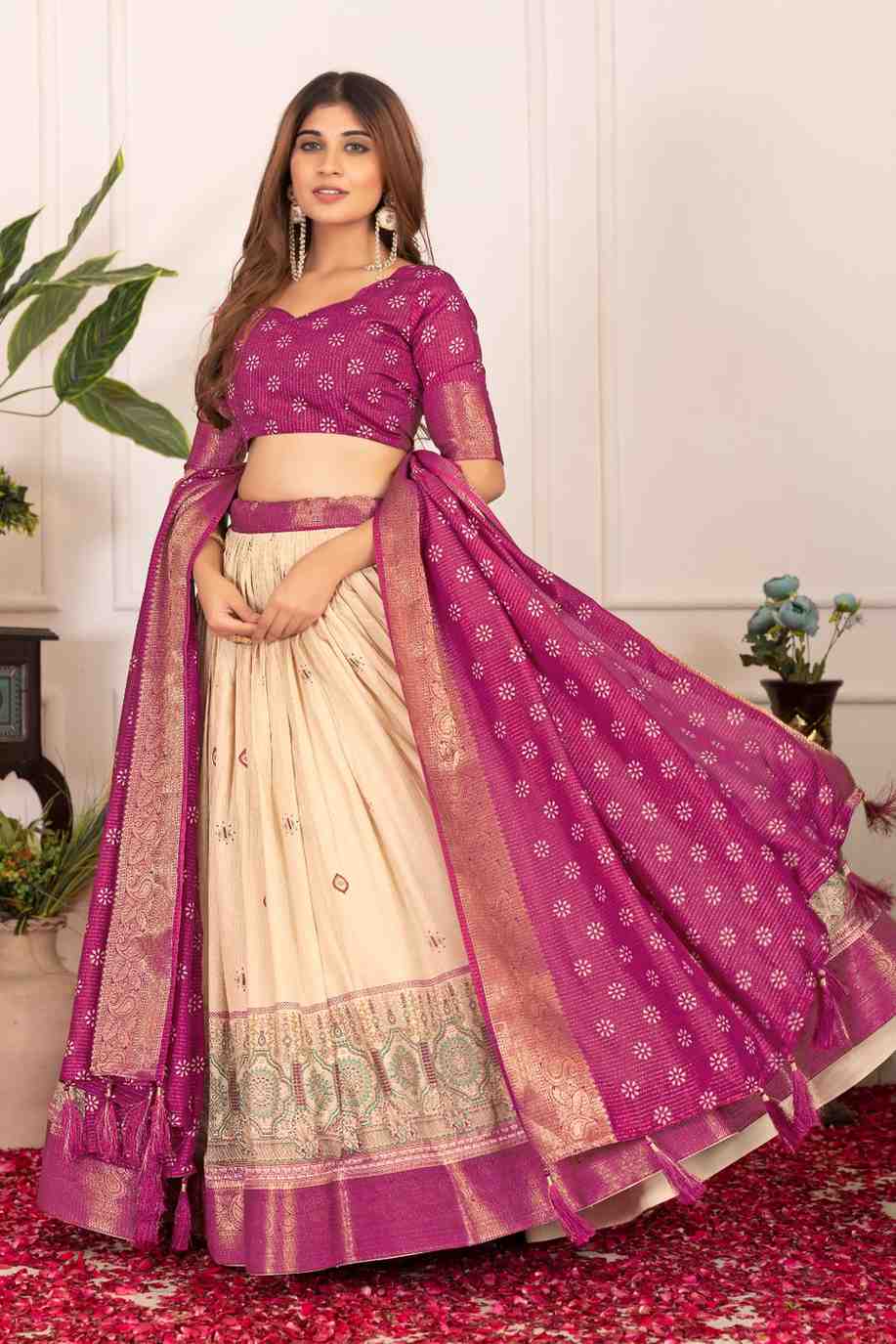 Tussar silk lehenga choli with jacquard border and foil work