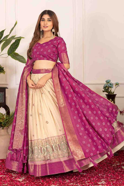 Tussar silk lehenga choli with jacquard border and foil work