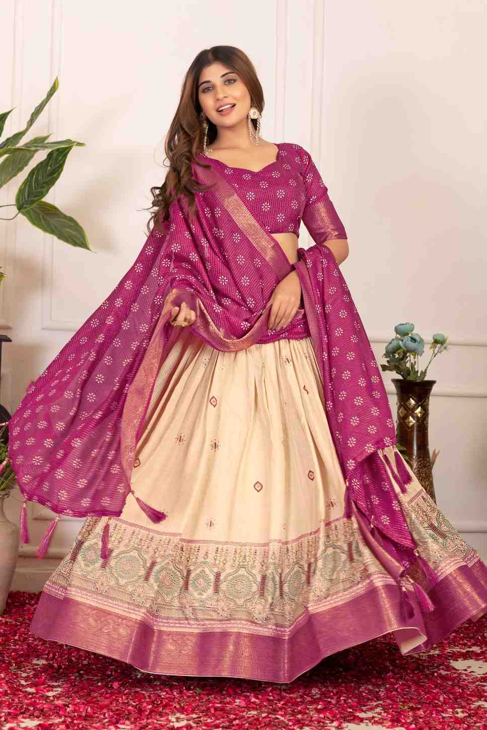 Tussar silk lehenga choli with jacquard border and foil work
