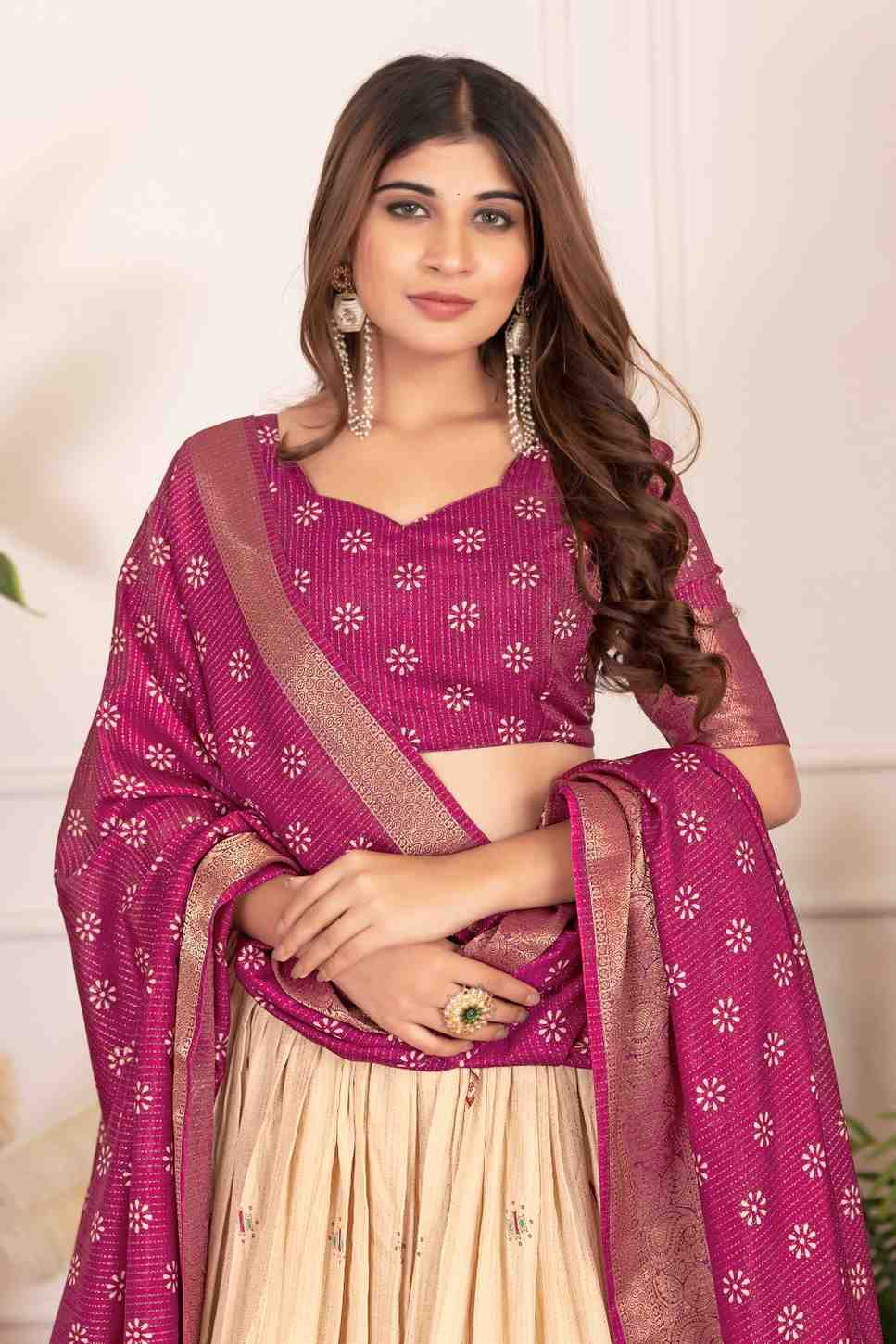 Tussar silk lehenga choli with jacquard border and foil work