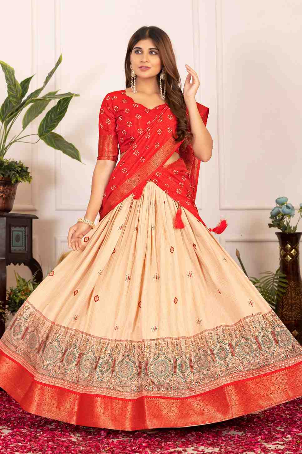 Tussar silk lehenga choli with jacquard border and foil work