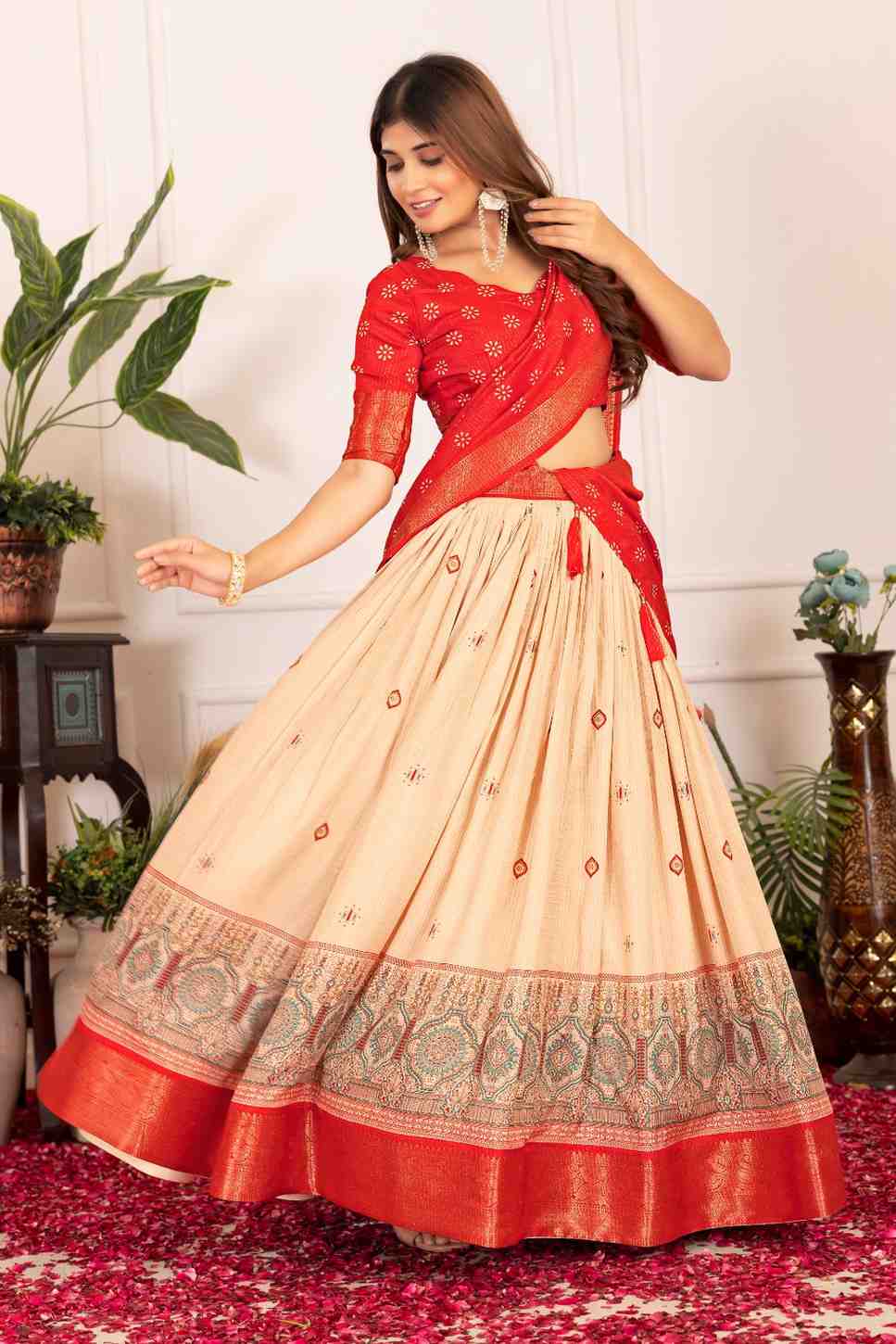 Tussar silk lehenga choli with jacquard border and foil work
