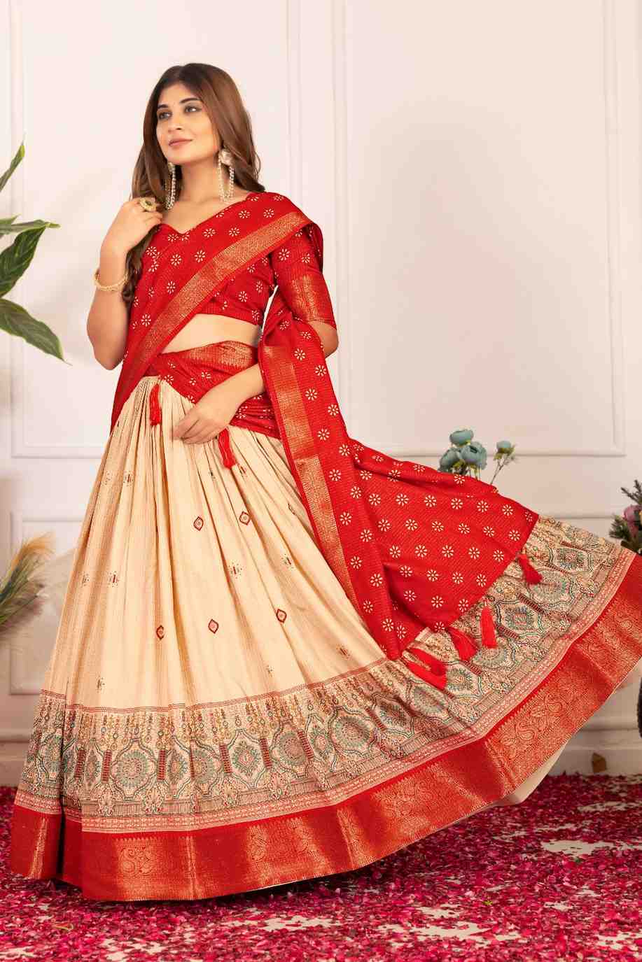 Tussar silk lehenga choli with jacquard border and foil work