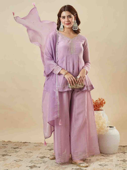 Women’s festive crunchy silk sharara set with detailed embroidery