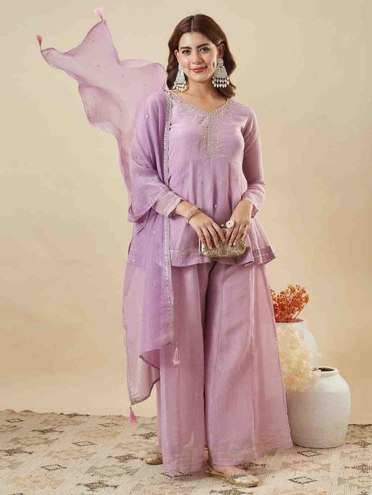 Women’s festive crunchy silk sharara set with detailed embroidery