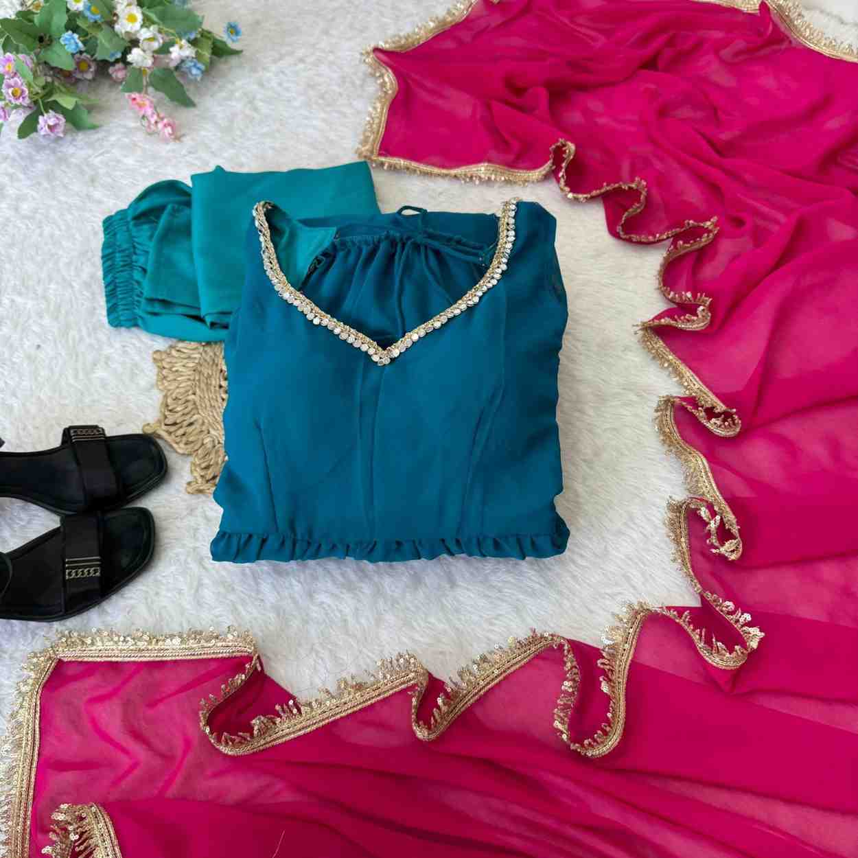 Pure Georgette Chiffon Gown Set with Dupatta & Pant – Festival & Party Wear