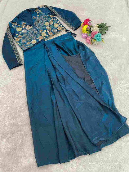 Festive blue western dhoti set with sequin work