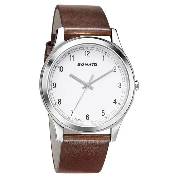 Sonata Quartz Analog White Dial Leather Strap Watch