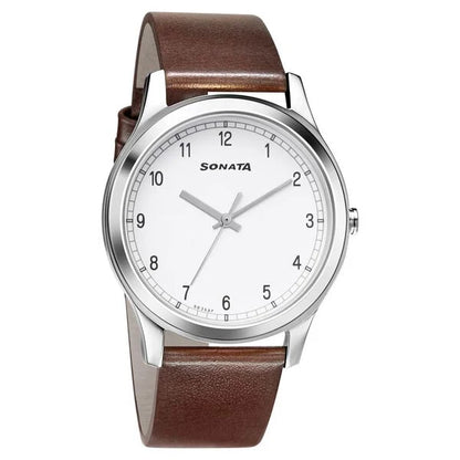 Sonata Quartz Analog White Dial Leather Strap Watch