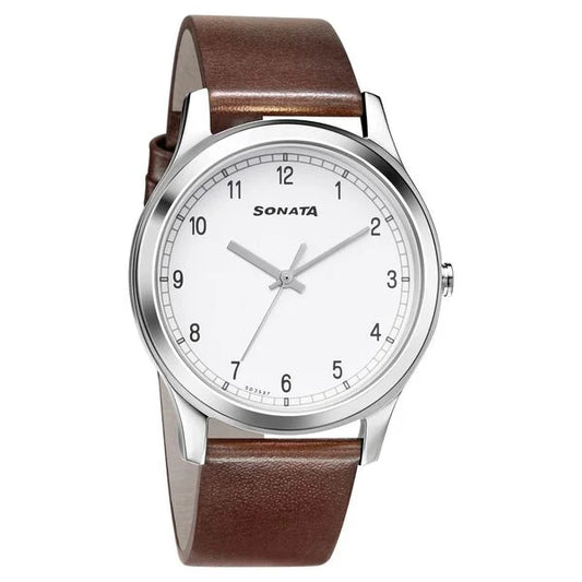 Sonata Quartz Analog White Dial Leather Strap Watch