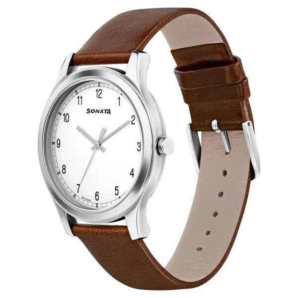 Sonata Quartz Analog White Dial Leather Strap Watch