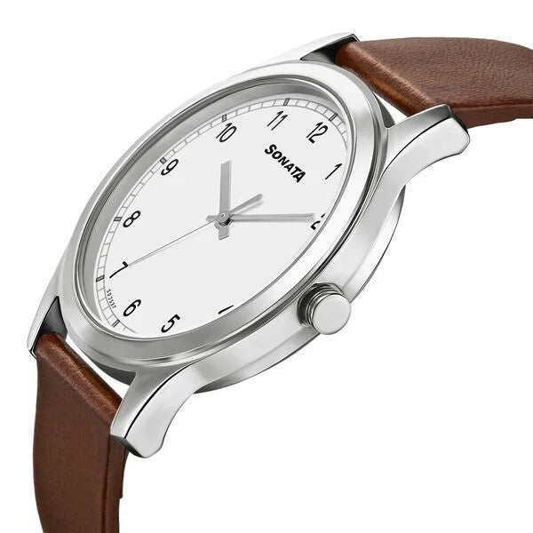 Sonata Quartz Analog White Dial Leather Strap Watch