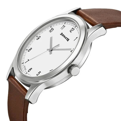 Sonata Quartz Analog White Dial Leather Strap Watch