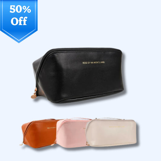 RITVA Premium PU Leather Cosmetic Bag 10.5" Waterproof Makeup Pouch for Women Spacious Travel Organizer with Handle & Divider (Black)