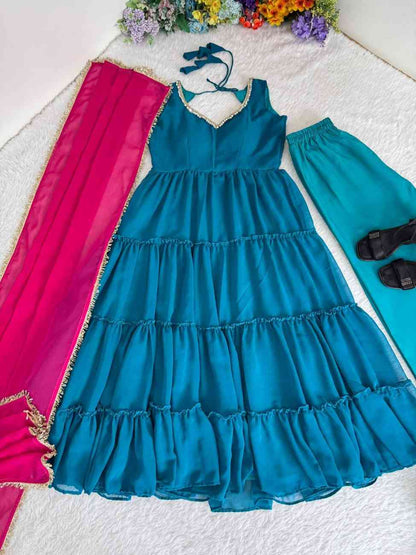 Pure Georgette Chiffon Gown Set with Dupatta & Pant – Festival & Party Wear